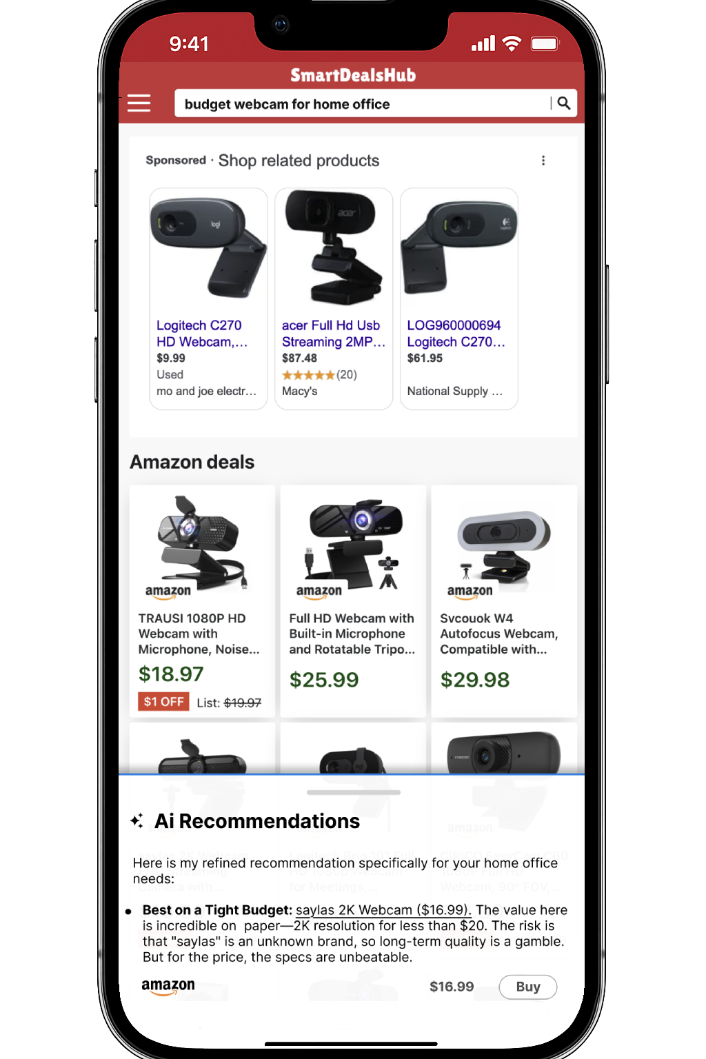 SmartDealsHub interface displaying sponsored products, Amazon deals grid, and AI-powered budget recommendations